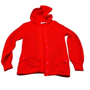 Vintage Riddles by Elliot Red Chunky Waffle Knit Hooded Cardigan Sweater Medium